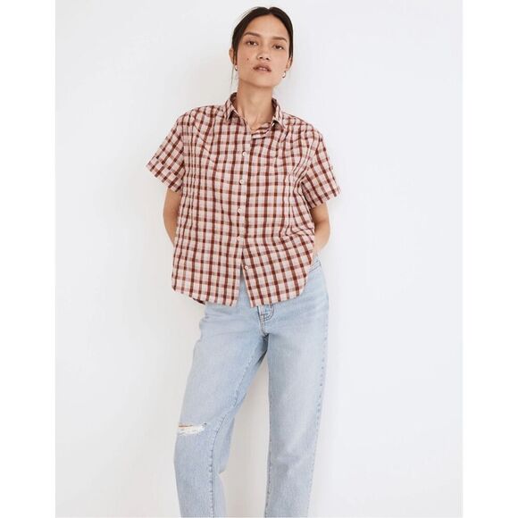 Madewell Tops - Madewell Seersucker Baybrook Shirt Top Plaid Stained Mahogany XL Short Sleeve